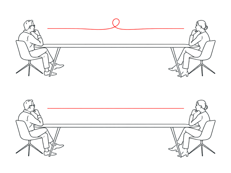 Same interaction replayed, first with a loop in the line and then with the line running cleanly.