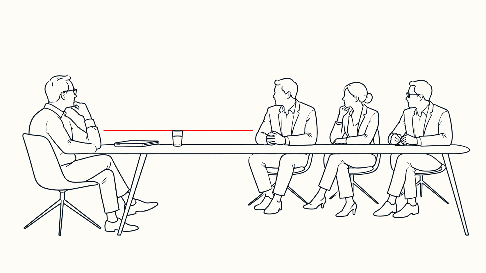 Senior executive now facing three decision-makers across the table.